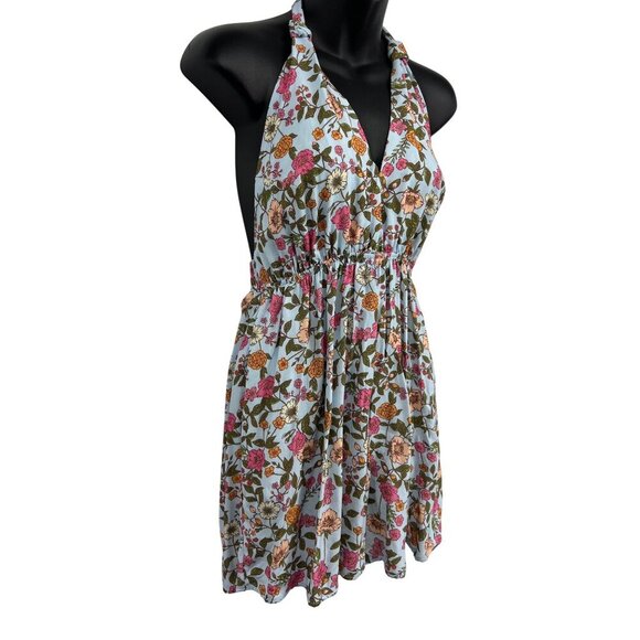 Magii Romper Women Size Medium Blue Pink Floral Halter Pockets Rayon Stretch New - Picture 3 of 10